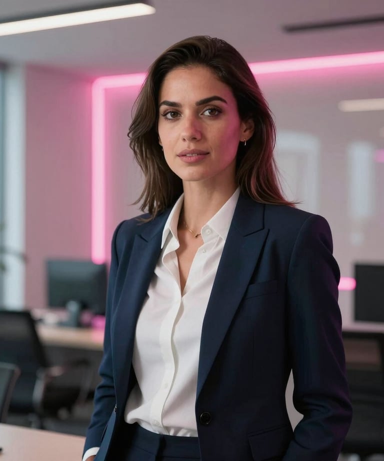 A professional portrait of a tech-focused woman in high-end business attire, lit with soft neon pink lighting in a premium North American office.