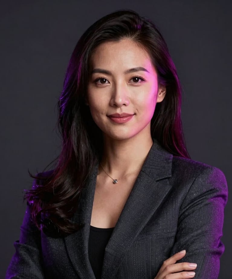An elegant portrait of a marketing strategist in a dark studio, with subtle purple and pink rim lighting creating a high-end SaaS company feel.