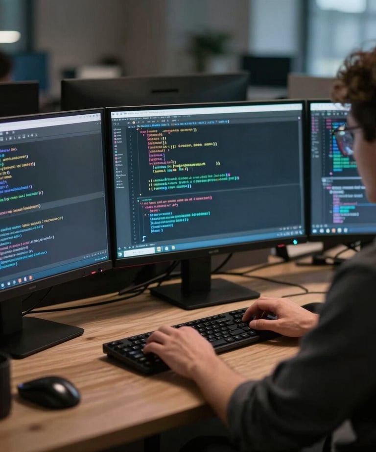 A focused shot of a developer at a workstation with three glowing monitors, working on complex code in a dark, atmospheric North American office.