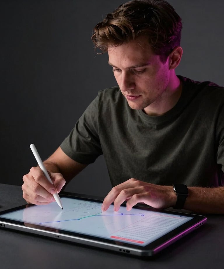 A lifestyle shot of a creative professional in a dark studio using a stylus on a large digital tablet, with soft magenta lighting on their face.