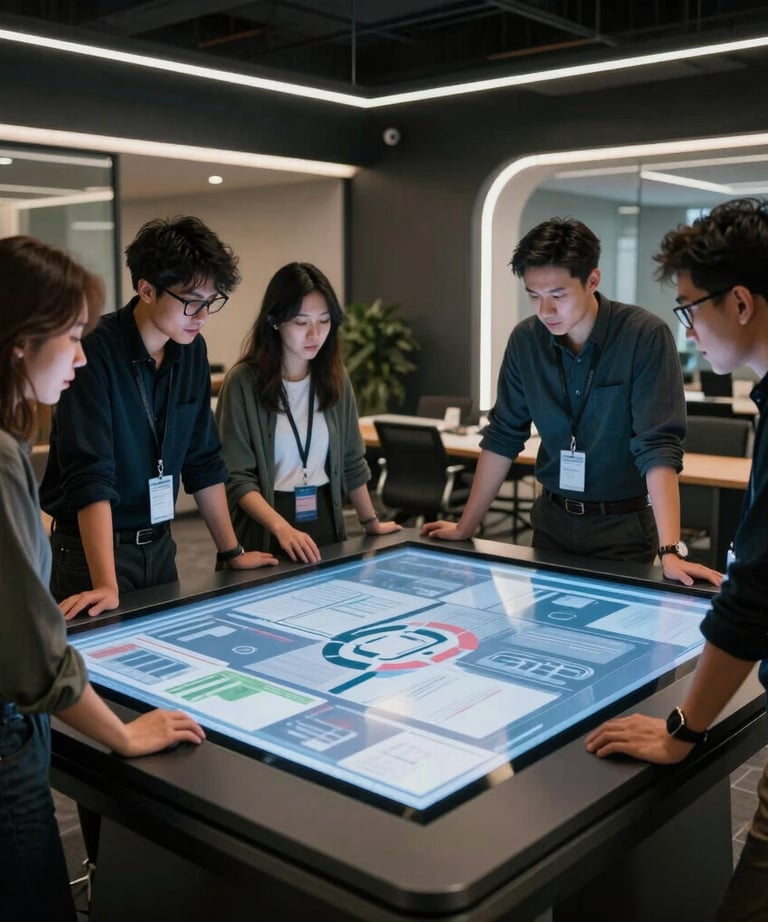 A candid shot of a creative team collaborating around a large touch-screen table in a futuristic, dark-toned North American agency lobby.
