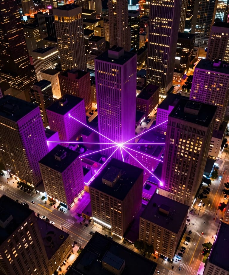 An aerial view of a neon-lit North American city at night, with glowing purple and magenta highlights following the street grid, symbolizing connectivity.