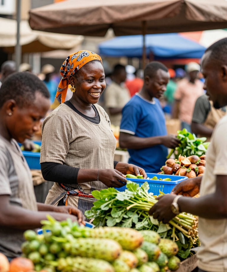 A vibrant local market in Kinshasa bustling with fresh produce and smiling vendors.