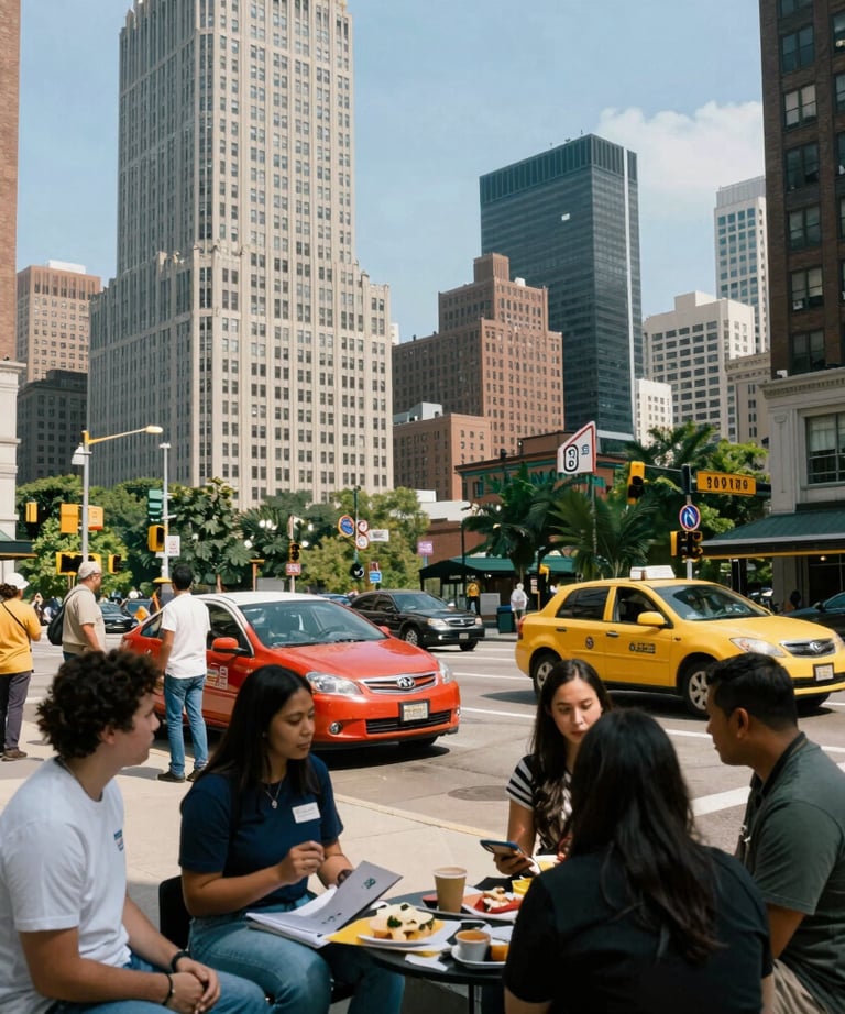 A vibrant cityscape of an American city depicting current events and lively discussions.