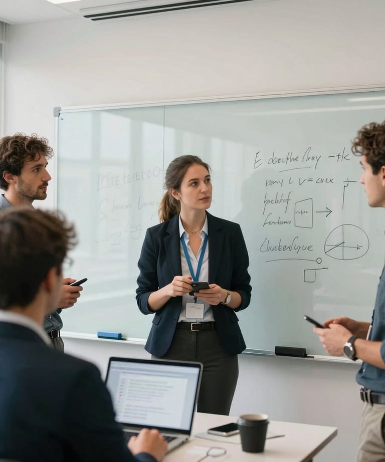A clean, bright photo of a mobile development team in a brainstorming session using a large glass whiteboard. International tech-focused environment.