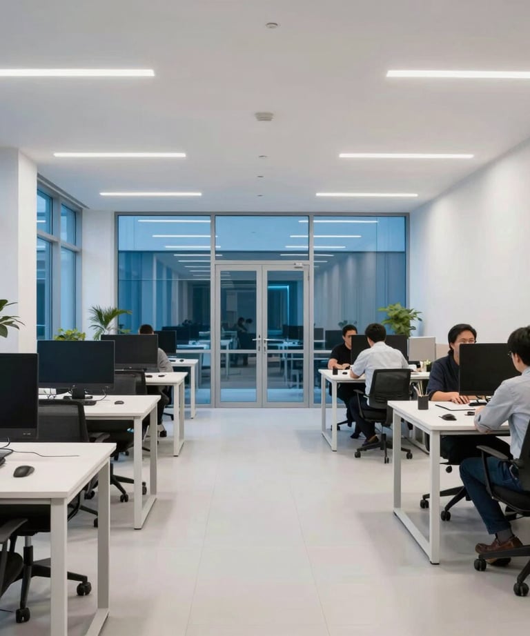 A photography of a modern, tech-forward co-working space with clean blue glass windows and bright white interiors. International tech-focused.