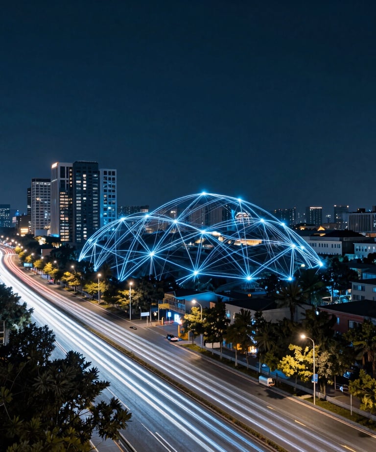 An artistic wide-angle shot of a modern city at night with flowing light trails in blue and white, representing connectivity and speed.