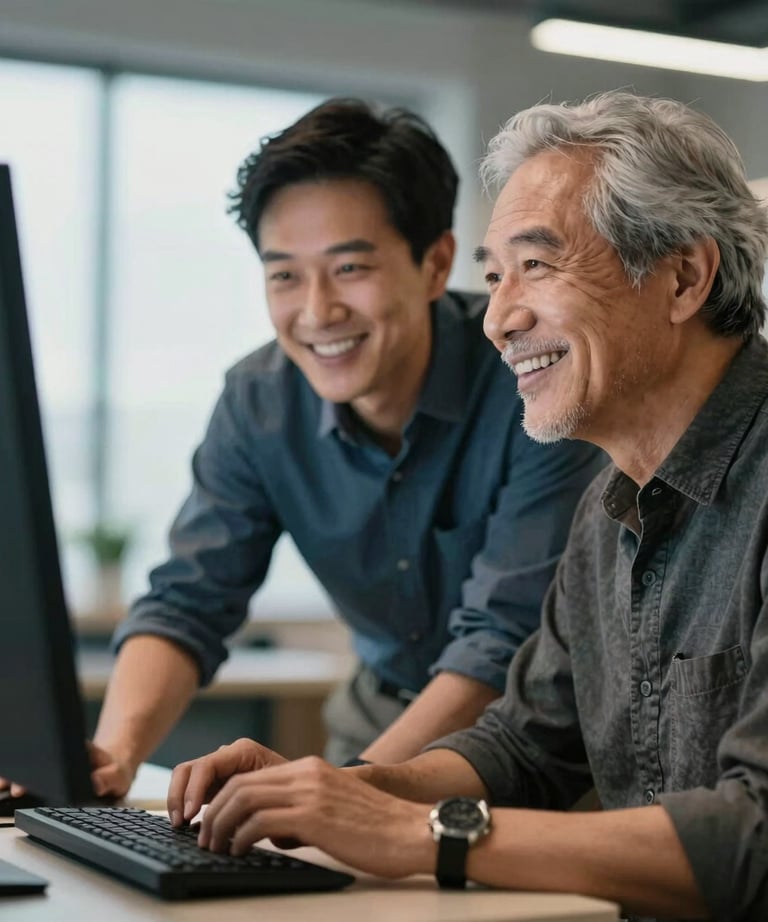 A portrait of a senior developer collaborating with a designer, both smiling and looking at a bright screen. International tech-focused, professional atmosphere.