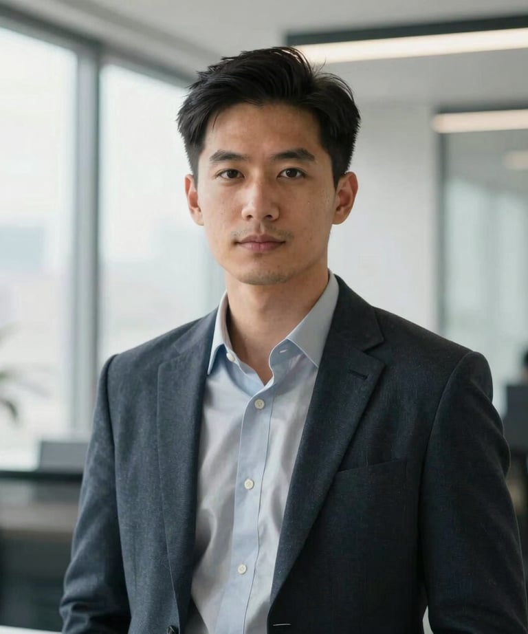 A portrait of a tech professional looking confidently at the camera, wearing modern business-casual attire, in a sun-drenched office. International tech-focused aesthetic, clean and professional photography.