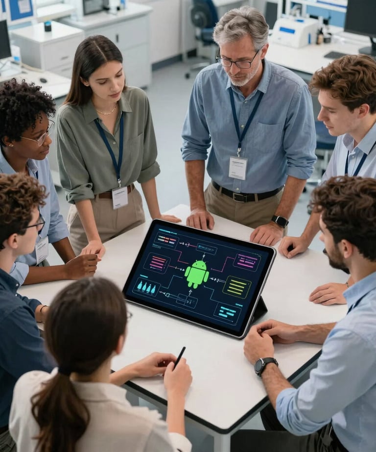 An overhead shot of a team of diverse engineers in a modern laboratory, collaborating around a large tablet showing complex Android system architecture diagrams. International tech-focused environment, bright and clean composition.