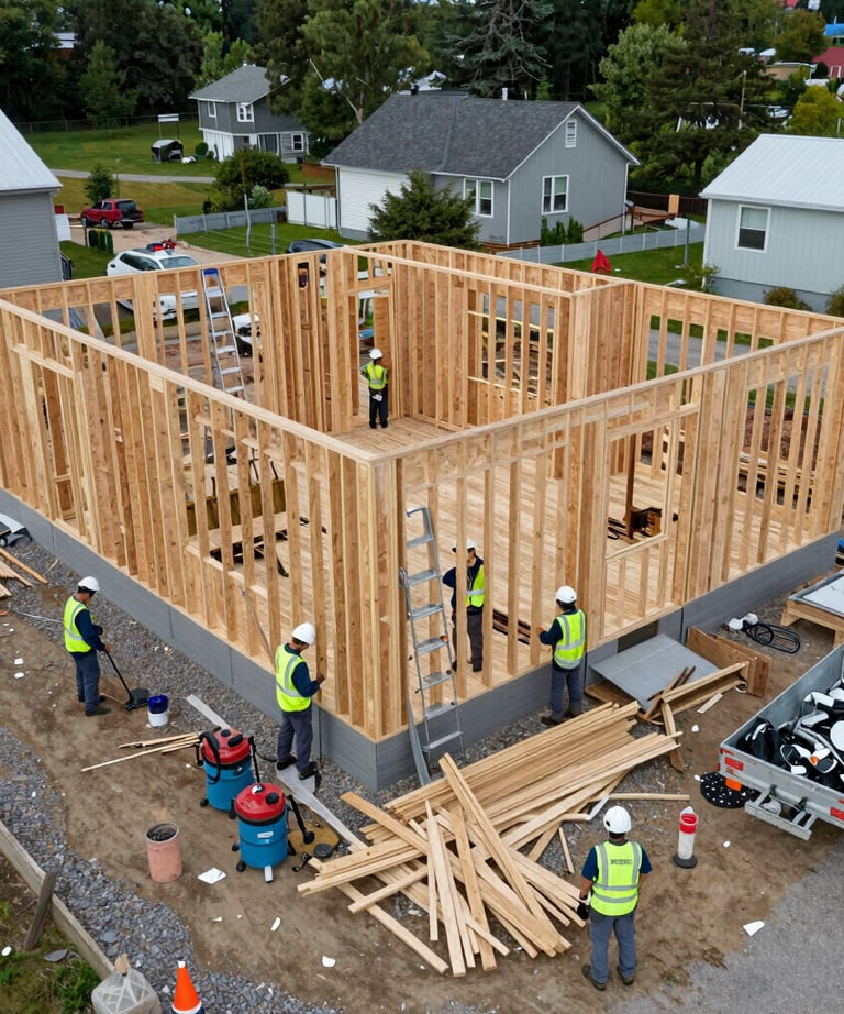 Construction site with workers cleaning debris and preparing the space for next building phase.