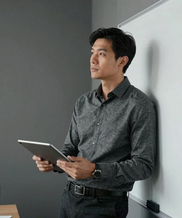A portrait of a brand strategist in a minimalist office setting with slate gray furniture. They are holding a tablet and looking thoughtfully towards a whiteboard. North American professional context, focusing on strategy and vision.
