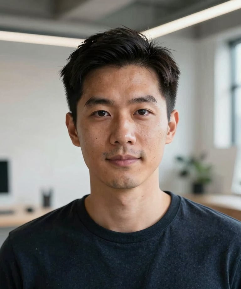 A headshot of a creative director in a modern, light-filled studio in Seattle. The background features architectural details. The overall feel is one of sophisticated, meticulously crafted digital design.