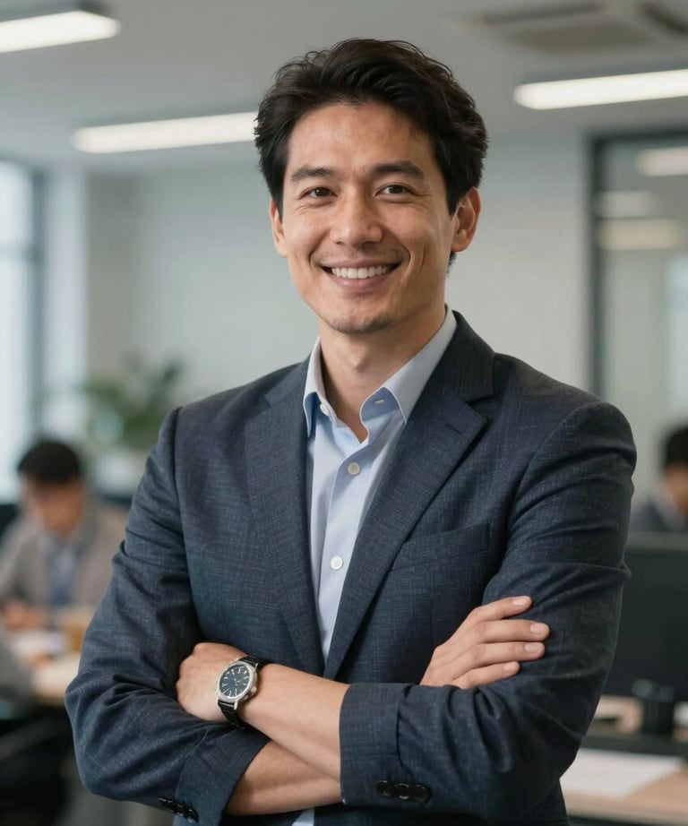 A portrait of a project manager in a high-tech office environment. They are smiling confidently. The lighting is crisp, and the composition is professional, conveying reliability and forward-thinking leadership.