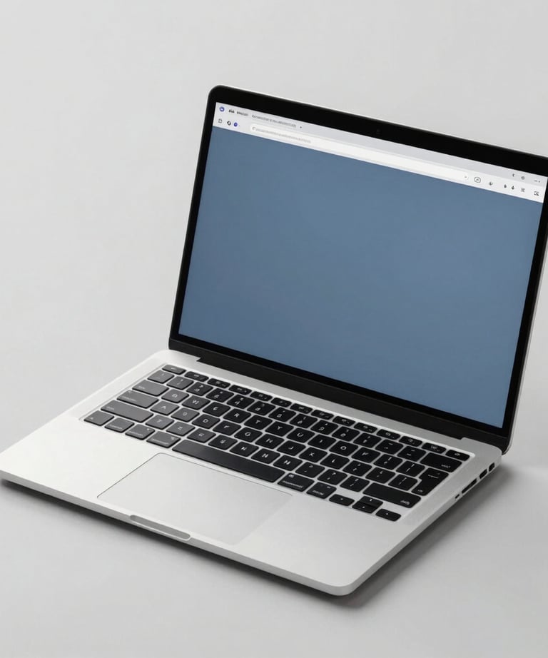 A photograph of a high-end laptop on a clean, light gray surface. The screen shows a minimalist web interface with slate blue accents. The lighting is soft and even, highlighting the professional design. North American studio setting.