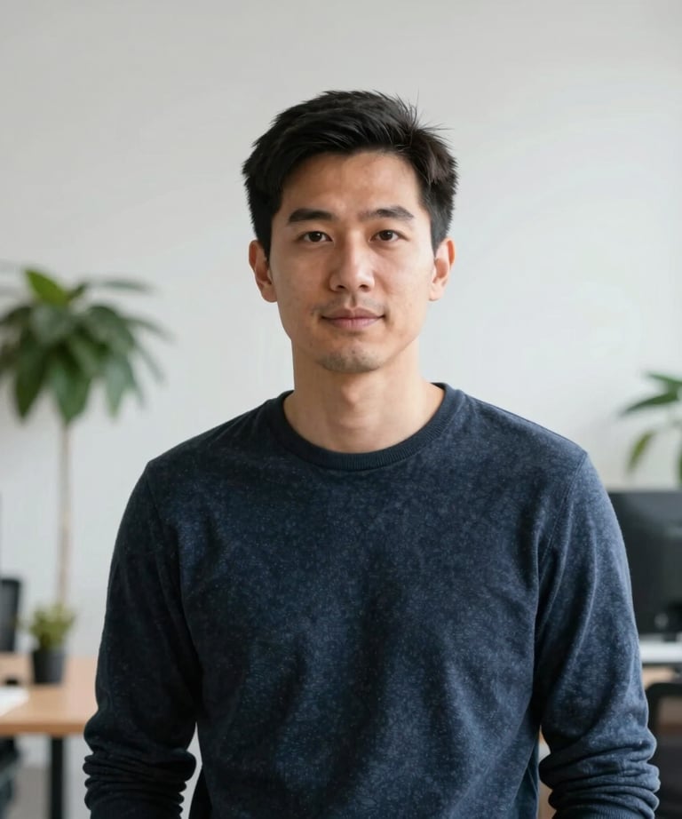 A professional portrait of a lead developer in a modern workspace. They are looking confidently at the camera. The background is a clean white wall with a minimalist plant. The atmosphere is innovative and professional.