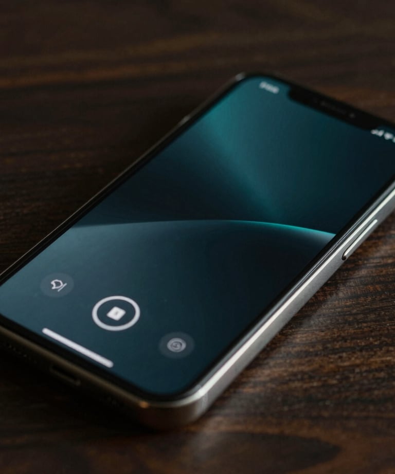 A close-up shot of a smartphone displaying a sleek, dark-themed dashboard. The lighting is low and cinematic, with soft cyan highlights reflecting off the screen. Professional digital product photography style.