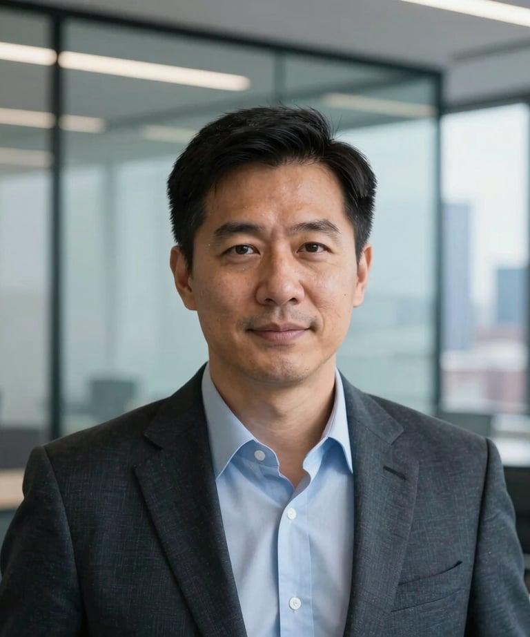 A headshot of a technical strategist in a sleek, glass-walled office in Chicago. The background is slightly out of focus, showing a blurred cityscape. The lighting is bright and clean, reflecting a high-end professional aura.