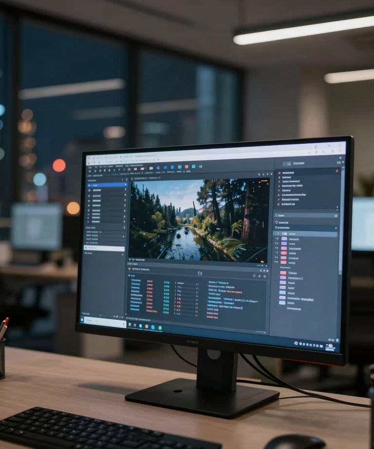 An interior shot of a modern, open-plan office at night. In the foreground, a large monitor shows a complex UI design. The background is a blurred cityscape with twinkling lights. Mood is highly professional and innovative.