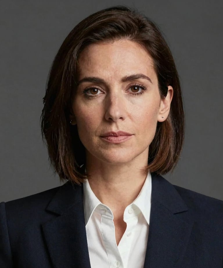 A professional headshot of a woman named Nina, looking focused and knowledgeable, clean business attire, North American / US professional style.