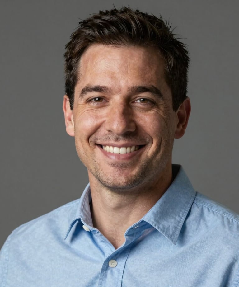 A professional headshot of a man named Daniel, smiling warmly and professionally, wearing a light blue shirt, North American / US style.