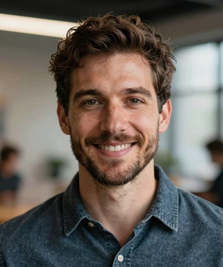 A professional headshot of a man named James, looking friendly and approachable in a North American / US creative professional setting.