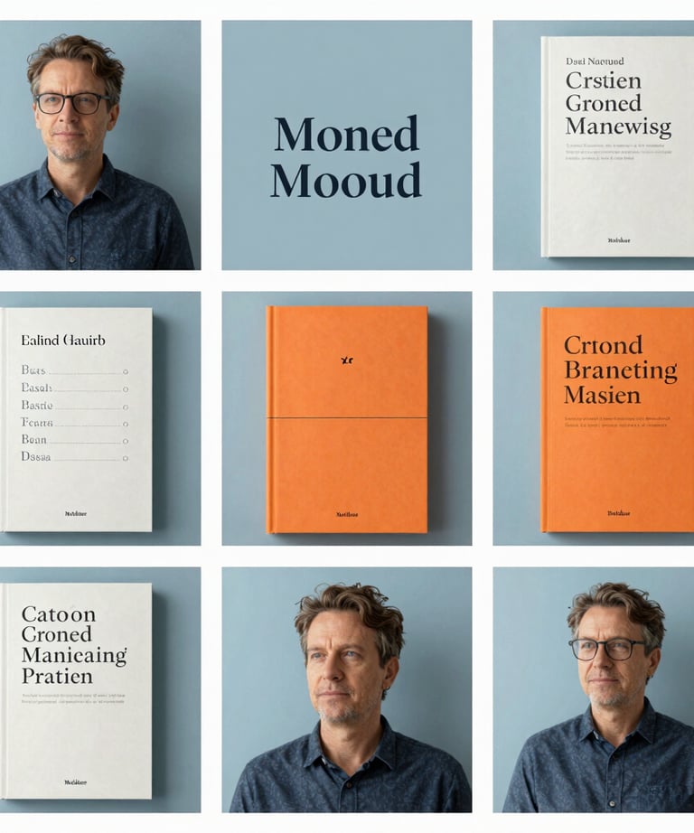 A professional author branding mood board featuring soft blues and oranges, modern typography, and book cover mockups.