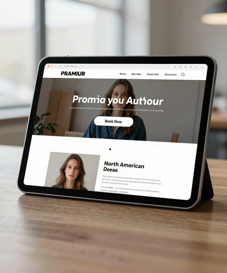 An elegant tablet displaying a modern, premium author website layout with a focus on a 'Book Now' button, set against a bright, airy North American office backdrop.