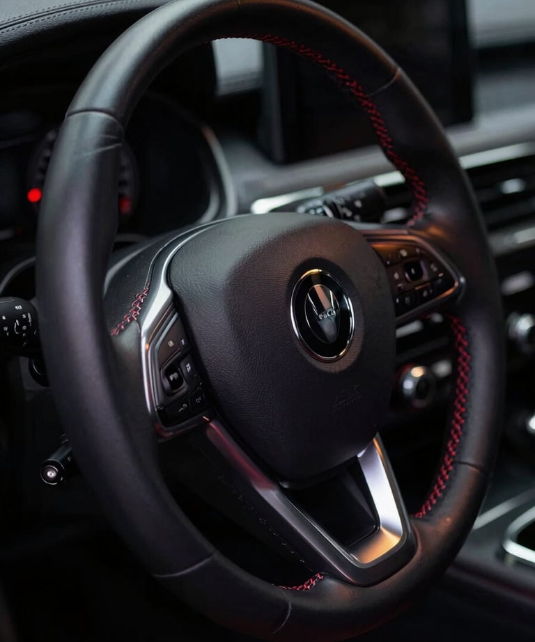 Close-up shot of a pristine, dark leather car interior, focusing on a steering wheel with subtle red stitching, dramatic low-key lighting, sharp details, 35mm lens, bleeding to the left edge.