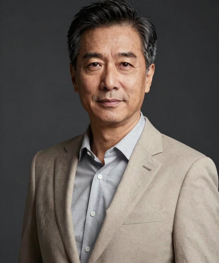 A professional headshot of a seasoned business advisor in a stylish, minimal professional outfit. High-end lighting, dark background. North American / International.