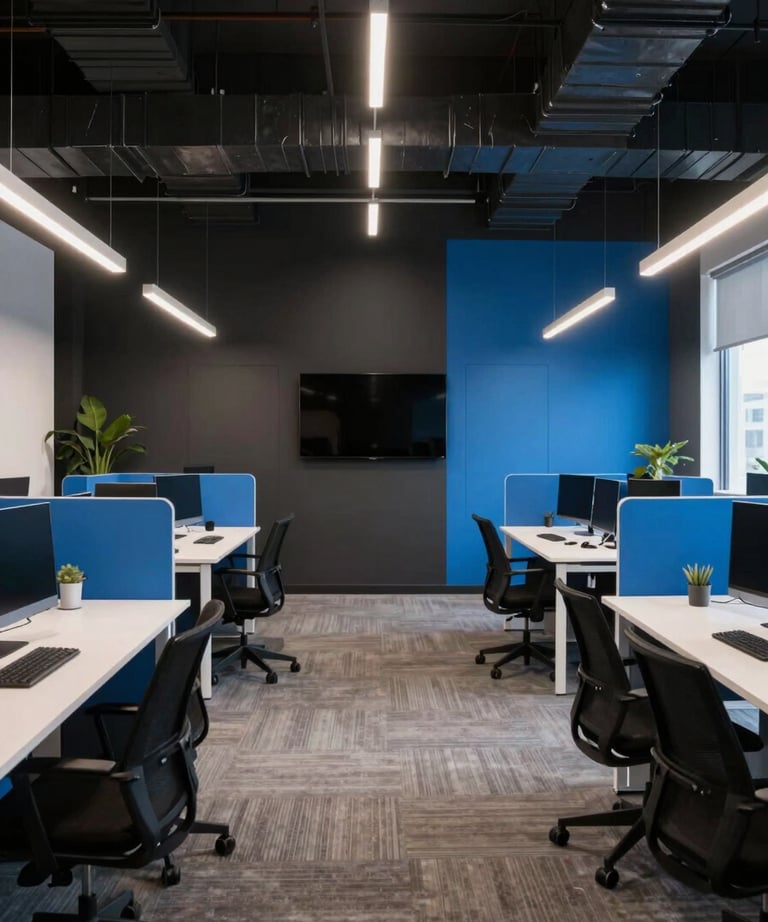A wide shot of a modern open-plan digital agency office with dark walls and vibrant blue accents. Professional and premium atmosphere.