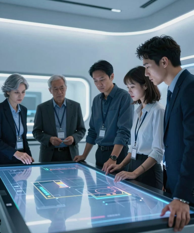 A group of engineers collaborating around a large touchscreen display in a futuristic lab. Accent Blue lighting, minimal environment.