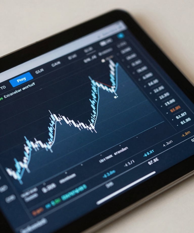 A close-up of a tablet screen showing an interactive financial chart with blue and white accents. Minimalist background.