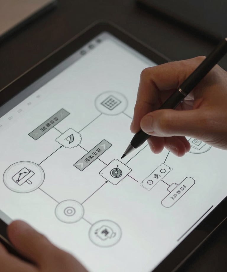 A detailed shot of hands sketching a complex system architecture on a digital tablet. Focus on precision and design.