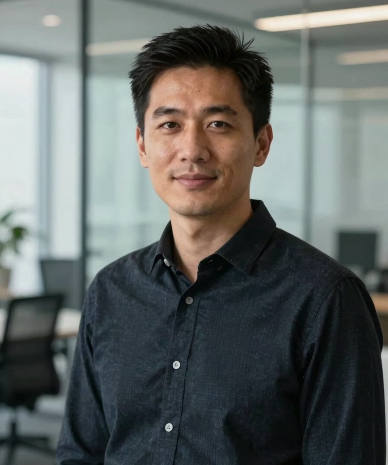 A professional headshot of a lead software engineer in a modern dark shirt, standing in a minimal glass office setting. North American / International.