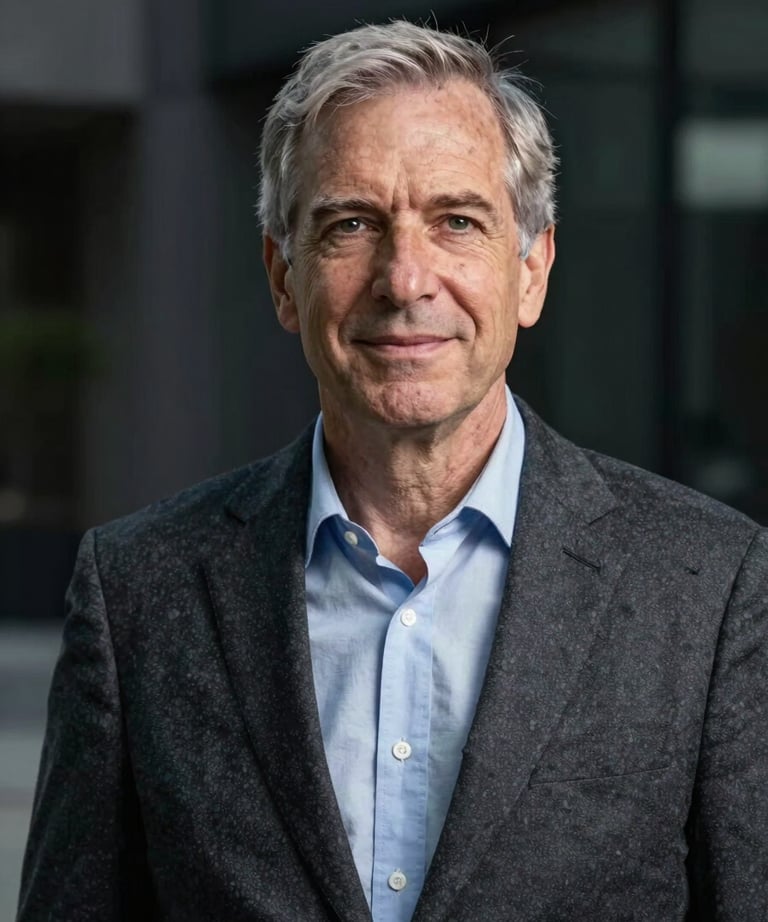 A professional headshot of a senior technology executive in a charcoal blazer, standing against a dark architectural background. North American / International.