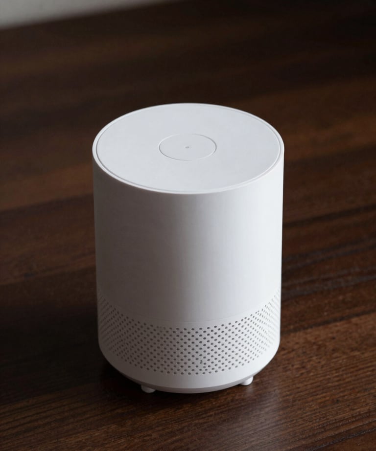 A clean, high-angle shot of a white smart home device on a dark wood surface. Soft, professional lighting.