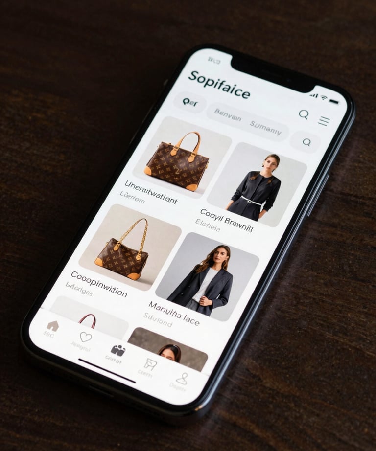 A sleek, dark smartphone displaying an elegant e-commerce app with high-resolution product images. North American / International lifestyle.