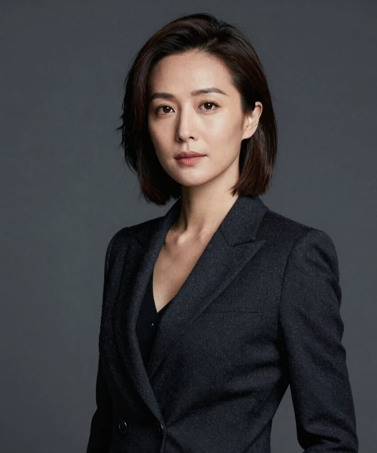 A portrait of a woman in a dark professional outfit, standing against a clean dark grey background. Her expression is confident. Global / International context.