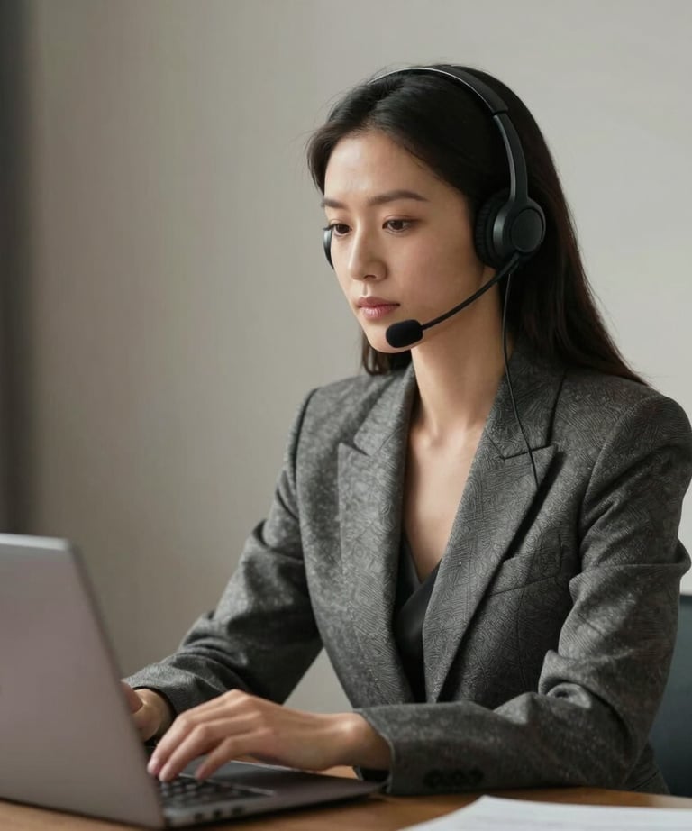 A portrait of a woman in a tailored blazer, sitting at a desk with a laptop and professional headset. Sophisticated and modern feel. Global / International context.