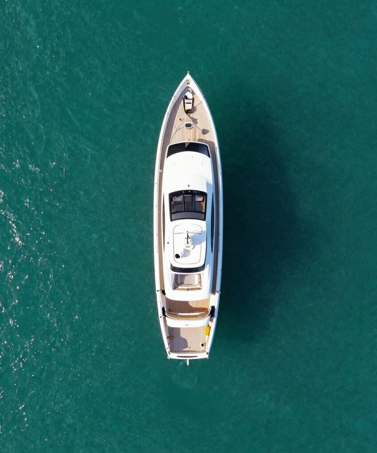 An aerial drone shot of a luxury yacht in a turquoise ocean. The composition is clean and premium, showing the scale of the landscape. Global / International.