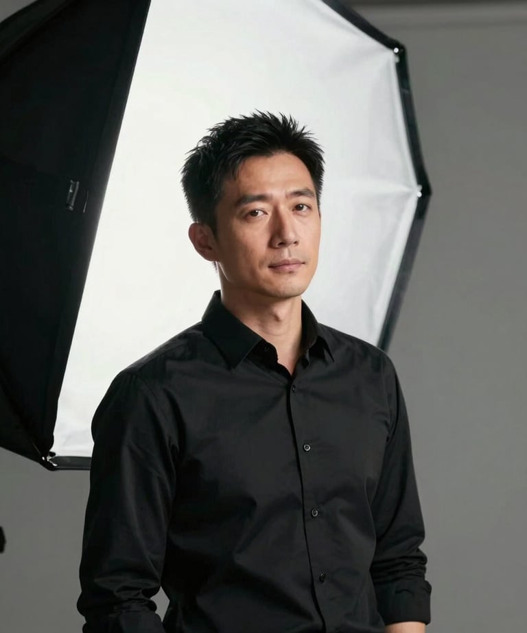 A portrait of a man in a professional black shirt, leaning against a large studio light. Minimalist and elegant composition. Global / International context.