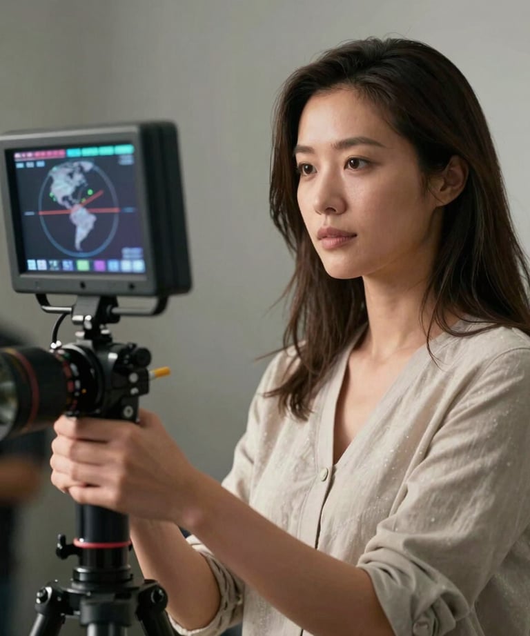 A portrait of a professional female cinematographer holding a portable monitor on a film set. She is wearing neutral professional attire. Global / International context.
