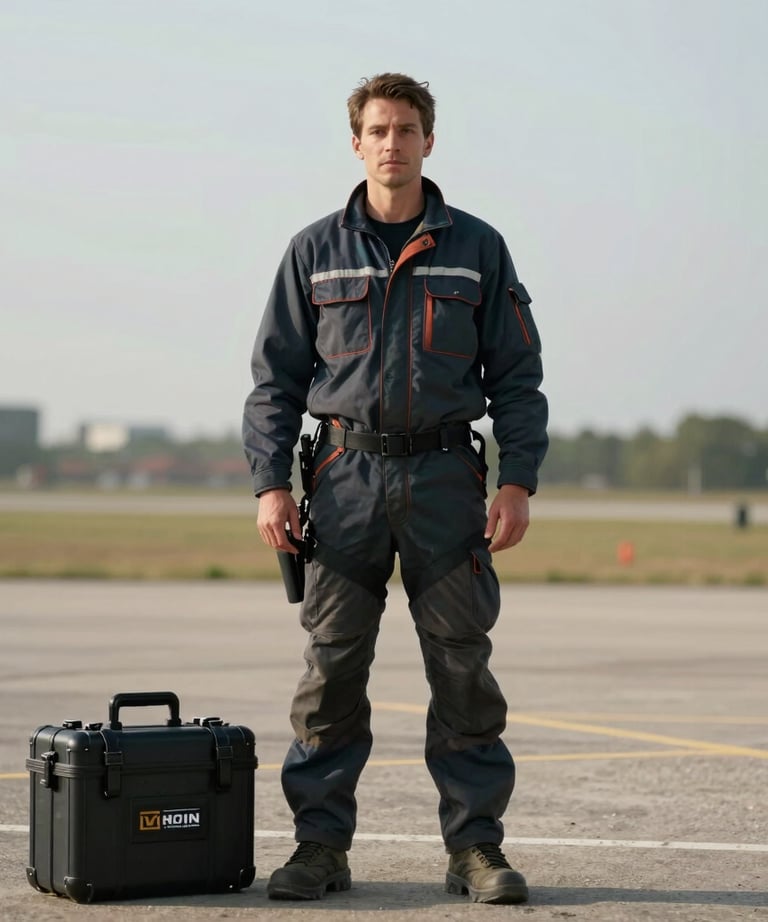 A portrait of a male aerial technician wearing a field jacket, standing in a vast outdoor setting with a drone case nearby. Cinematic, professional photography.