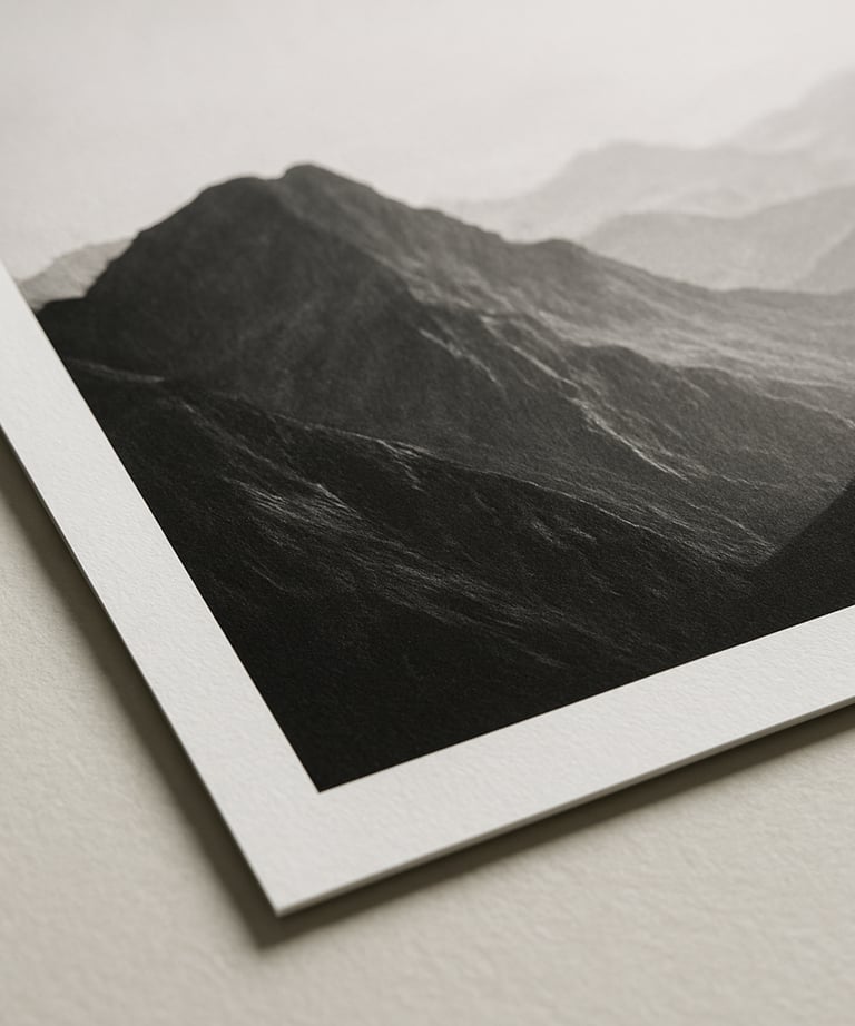 A close-up of a premium photography print showing an abstract mountain landscape in black and white. Timeless and elegant composition.