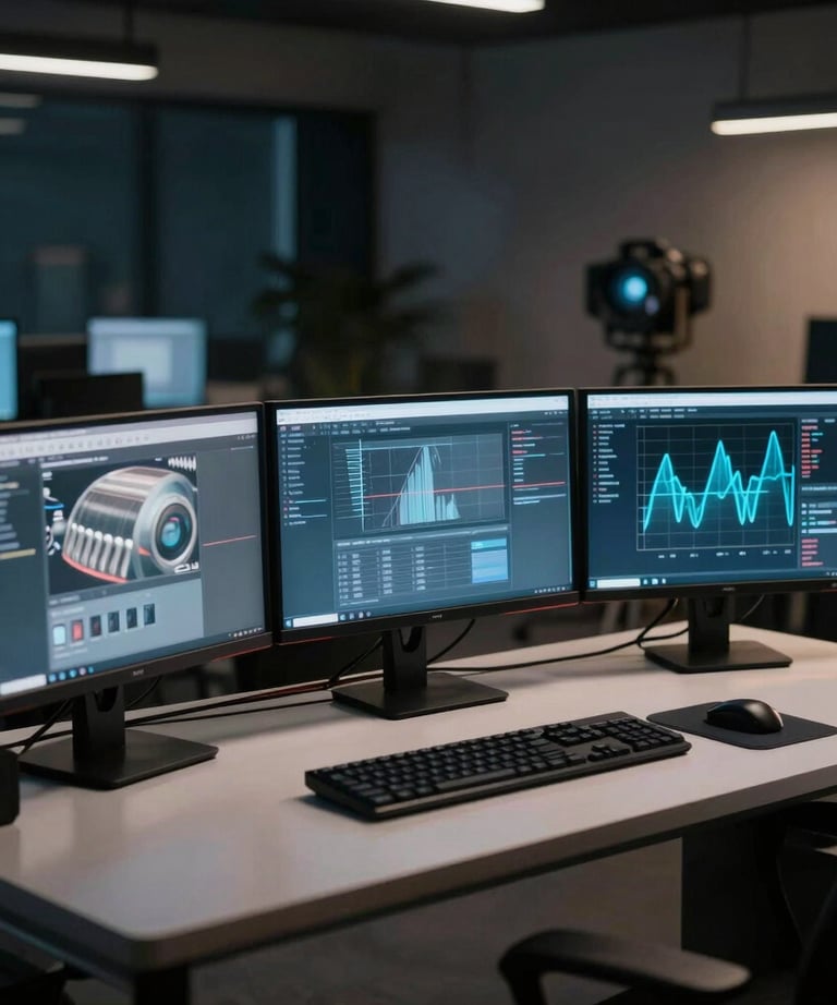 Cinematic shot of a studio at night, with only the glow from multiple monitors illuminating the desk. Sleek, professional, and high-tech.