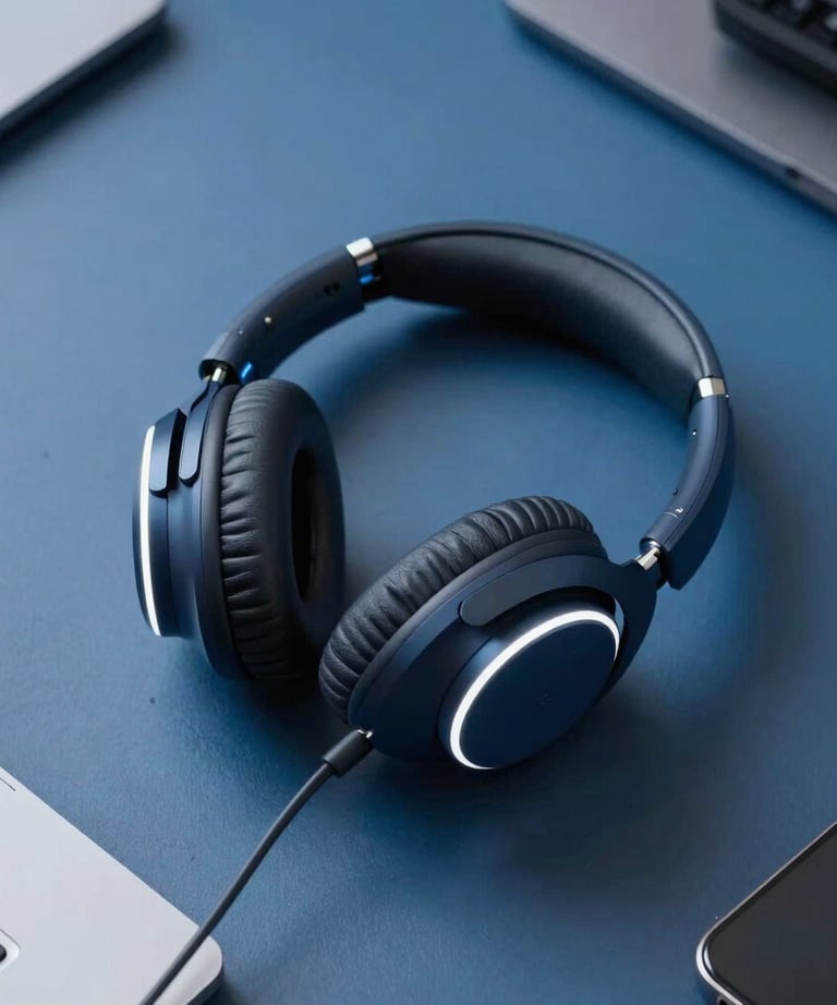 Clean, high-angle product shot of a high-end headphone resting on a slate blue desk in a modern studio. Cinematic lighting with cool white accents.