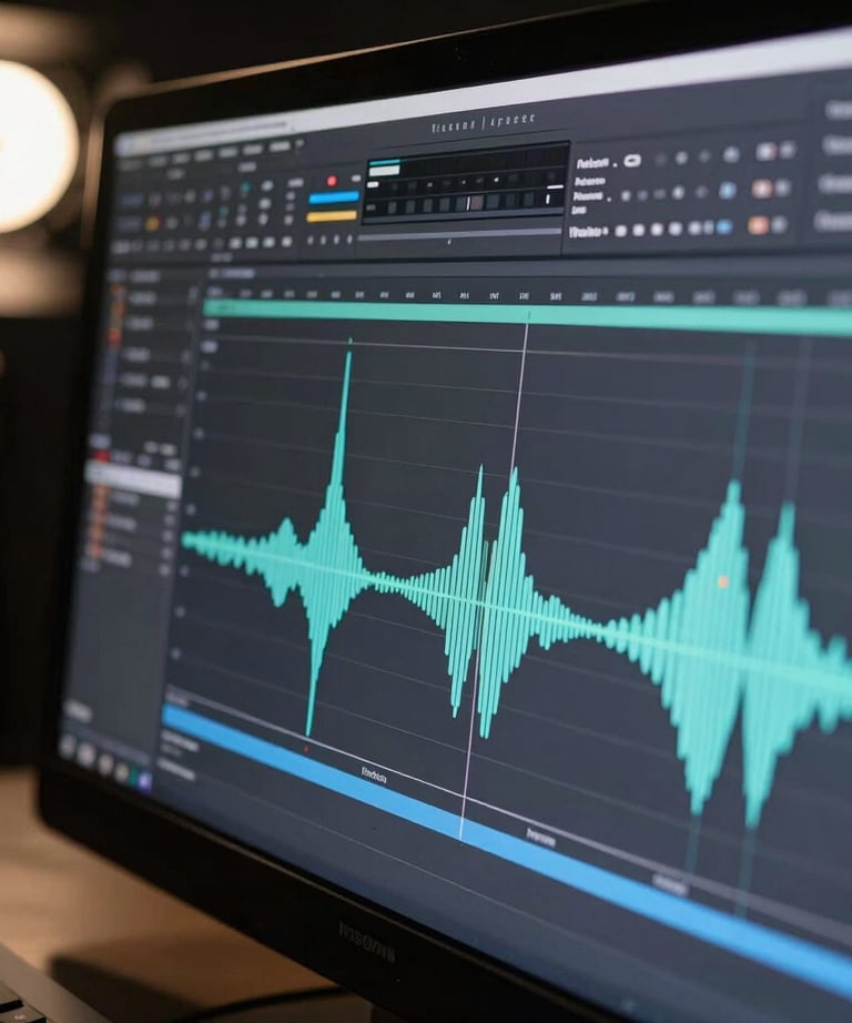 Close-up of a high-resolution waveform editor on a screen, with precise edit points visible. Professional North American studio lighting.
