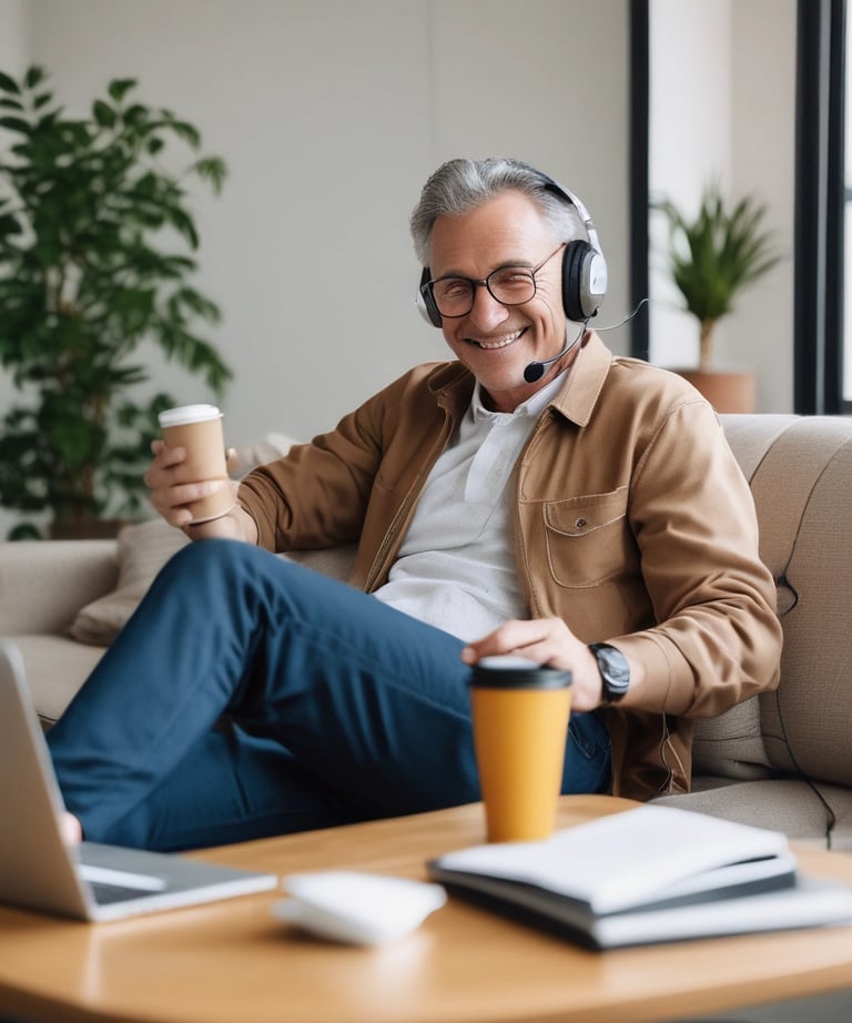 A smiling man in his 50s working comfortably at home with a tablet and headphones.