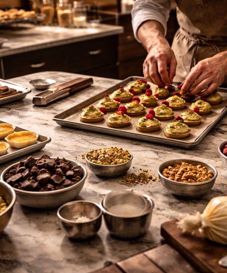 Professional pastry chef decorating gourmet pistachio and raspberry tarts in a bakery kitchen.